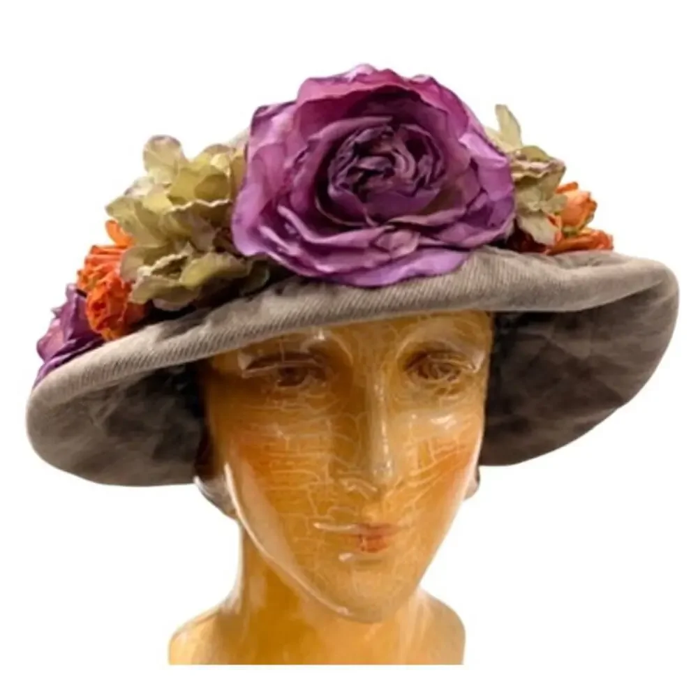 🌸 VTG 80s–90s Corduroy Garden Party Hat Floral Trim